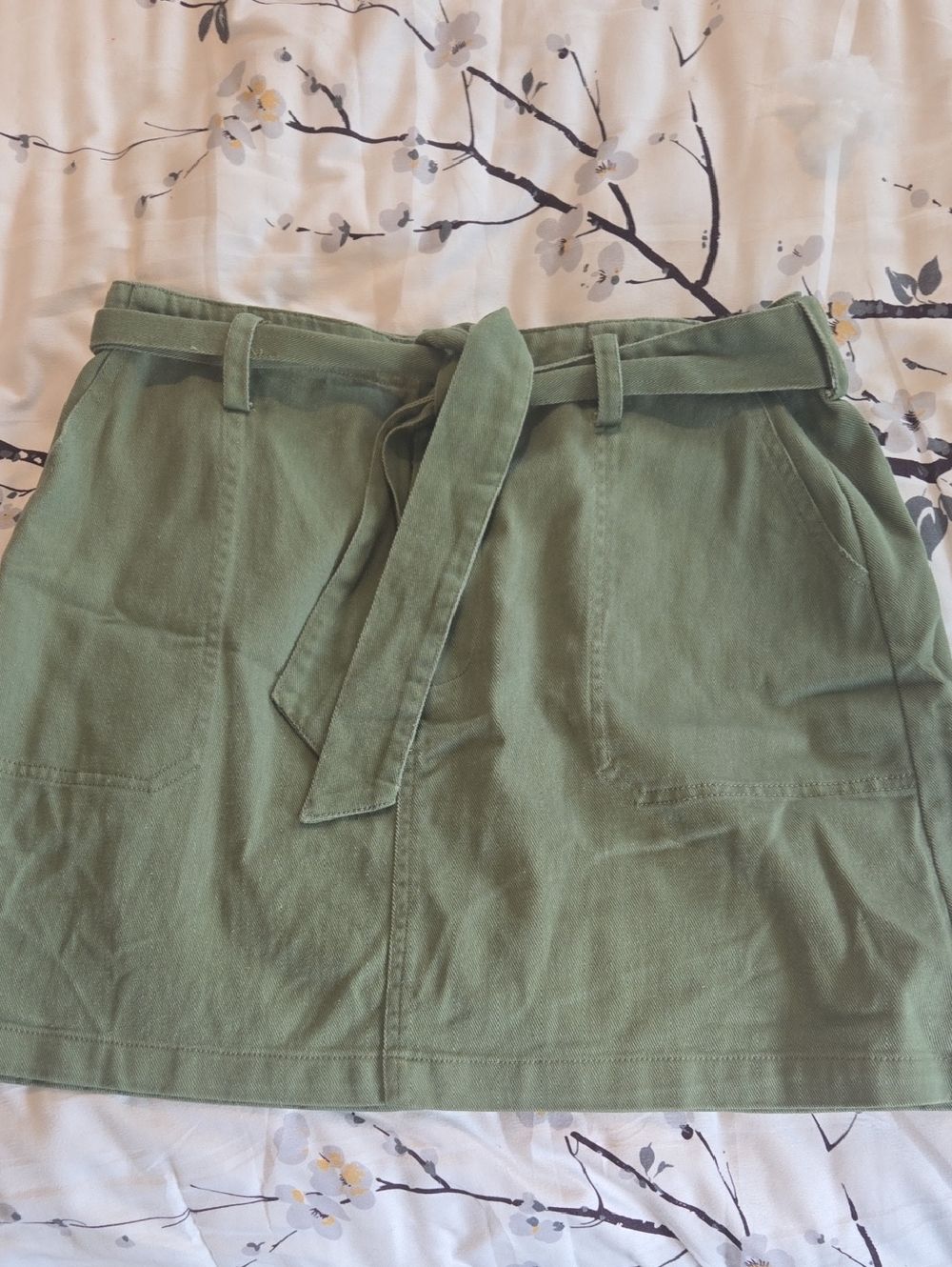 Belted Olive Green Mini Skirt with Front Pockets